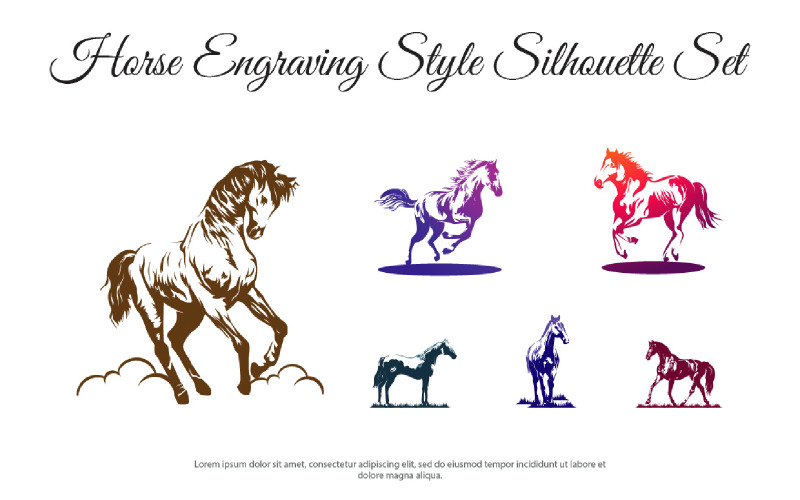 Horse Engraving Style Silhouette Set Illustration