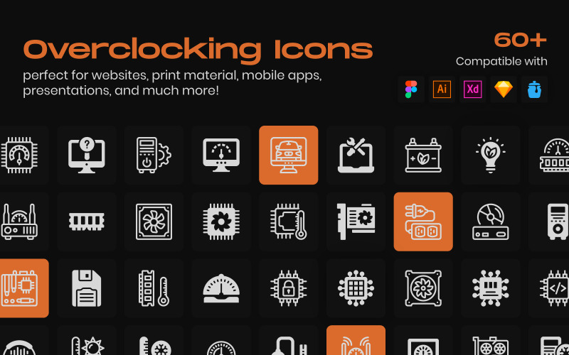 65 Overclocking Linear Icons Icon Set