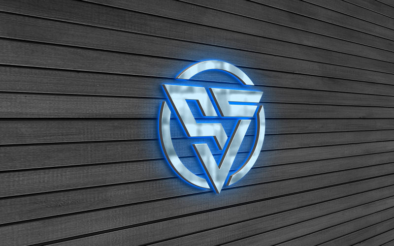 Blue Neon Light 3d Metal Logo Mockup on Wooden Gray Wall Product Mockup