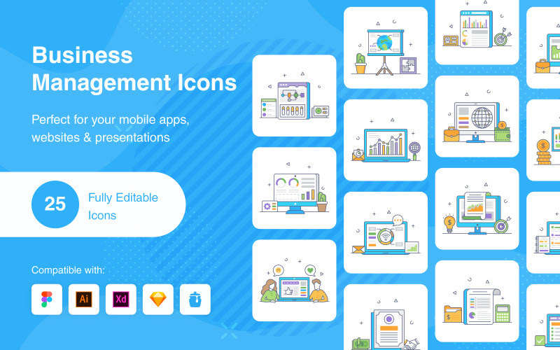 Business Management flat outline icons Icon Set