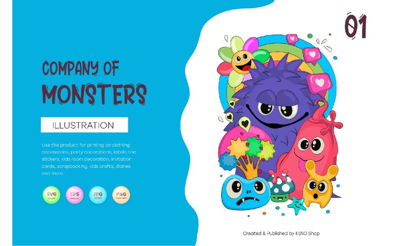 Cheerful company of monsters 01. T-Shirt, PNG, SVG. Vector Graphic