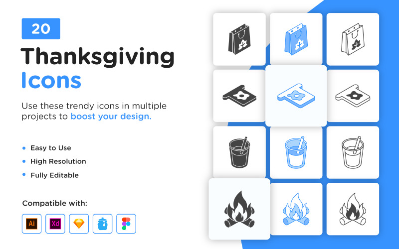 20 Isometric Thanksgivings Icons Icon Set