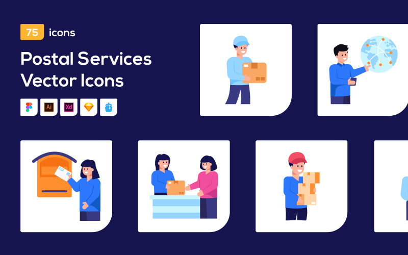 75 Concept Postal Service Icon Vector Icon Set