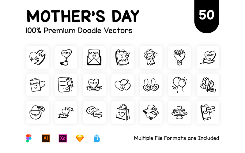 50 Doodle Mother’s Day Vector Icon Icon Set