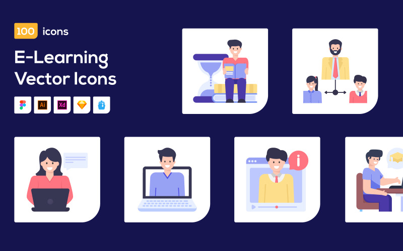 100 E-Learning Character Vector Icons Icon Set