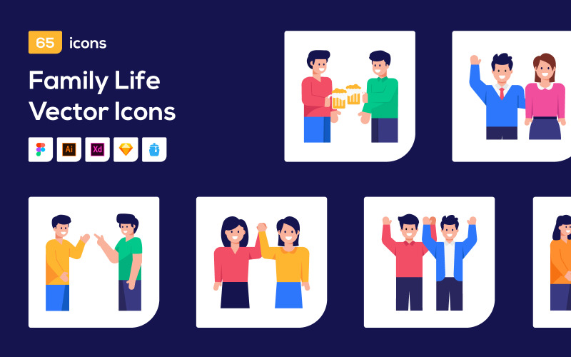 65 Flat Family Character Vector Icons Icon Set