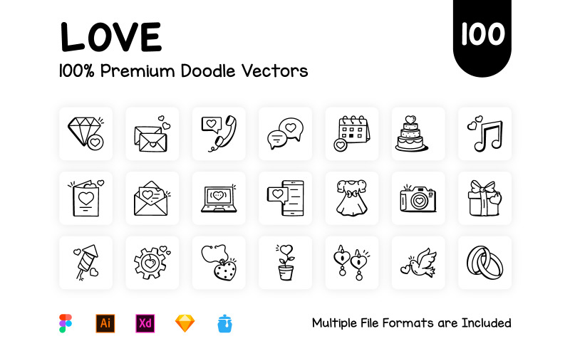 Pack of 100 Hand Drawn Love Icons Icon Set