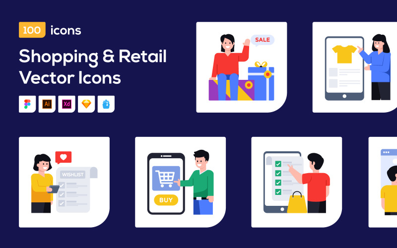 100 Shopping Character Vector Icons Icon Set