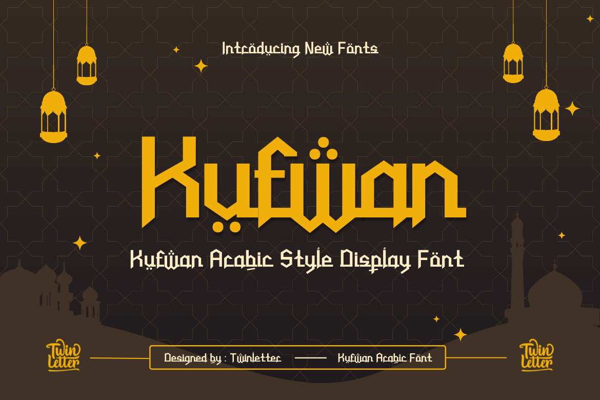 Kufwan Arabic style display font can be used to give your designs a genuine Arabic touch