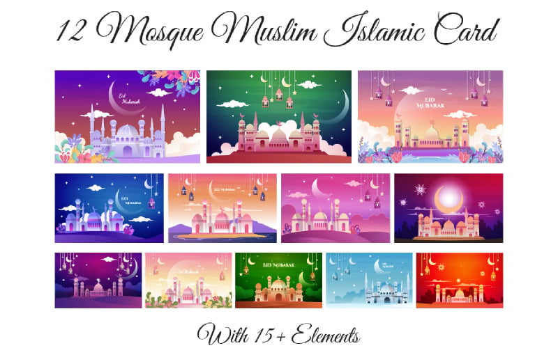 12 Mosque Muslim Islamic Card with 15+ Elements Illustration
