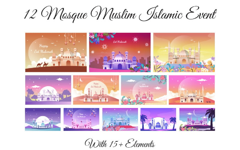 12 Mosque Muslim Islamic Event with 15+ Elements Illustration