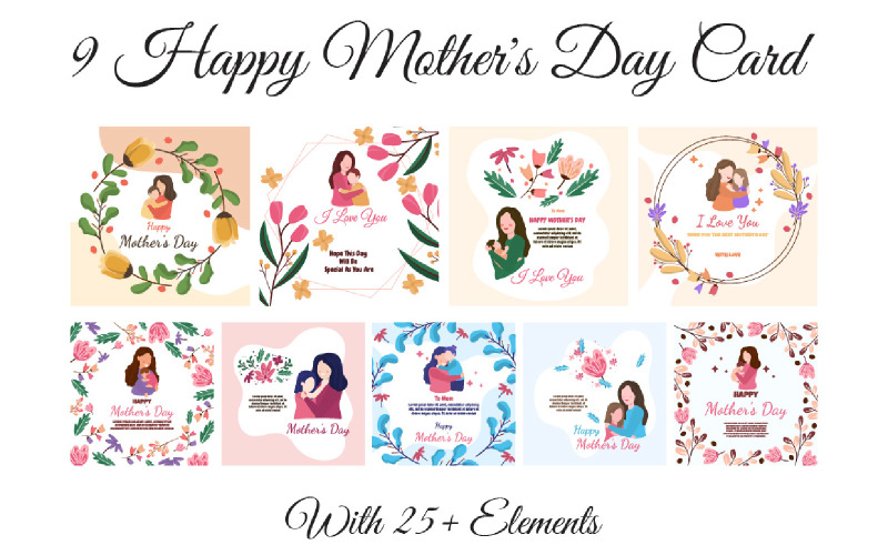 9 Happy Mother's Day Card with 25+ Elements Illustration