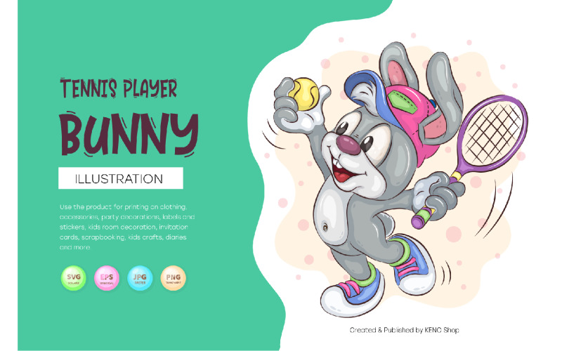 Cartoon Bunny Tennis Player. T-Shirt, PNG, SVG. Vector Graphic