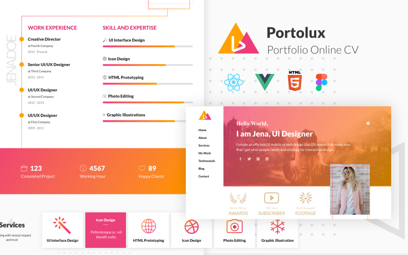 Portolux - React Vue HTML and Figma Portfolio Online CV Template Landing Page Template