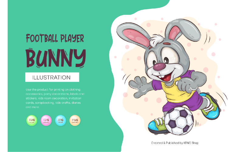 Cartoon Bunny Football Player. T-Shirt, PNG, SVG. Vector Graphic