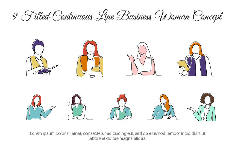9 Filled Continuous Line Business Woman Concept Illustration