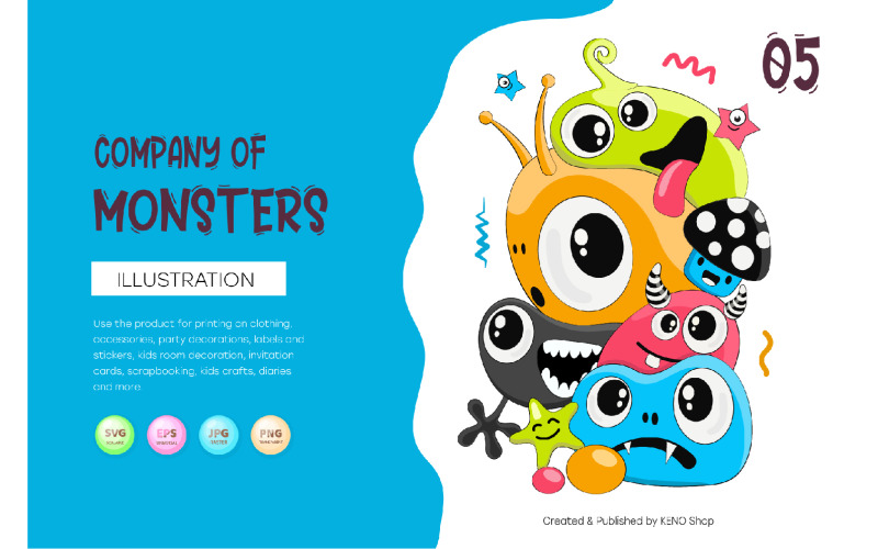 Cheerful company of monsters_05. T-Shirt, PNG, SVG. Vector Graphic