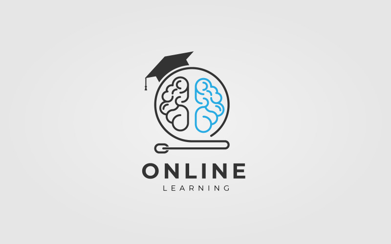 Online Education Design Concept For Human Brain With Hat And Mouse Cursor Logo Template