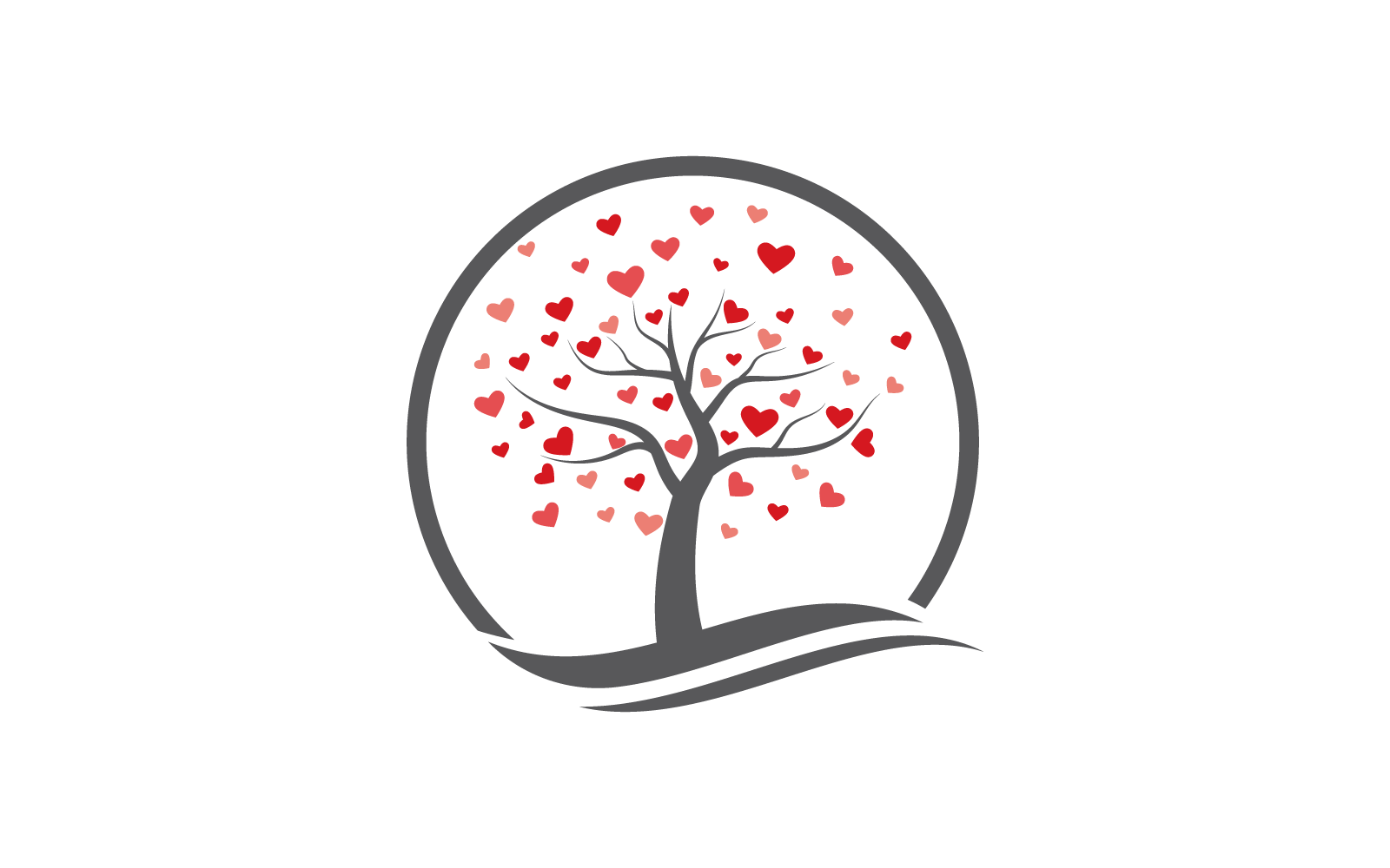 Logo dell&amp;#39;albero dell&amp;#39;amore o albero con il disegno vettoriale del logo delle foglie del cuore