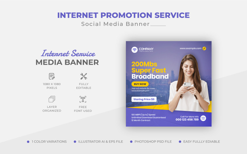 Editable Post Template Instagram Post Banner For Internet Service Promotion Social Media