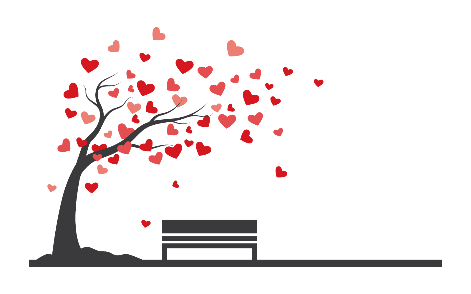 Tree With Heart Leaves And Park Bench On White Background