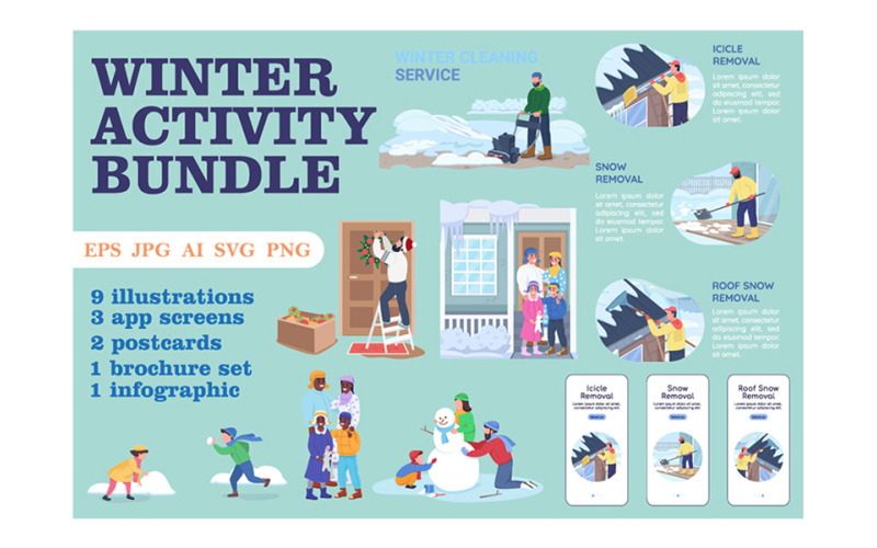 Winter Activity Flat Color Vector Bundle Illustration