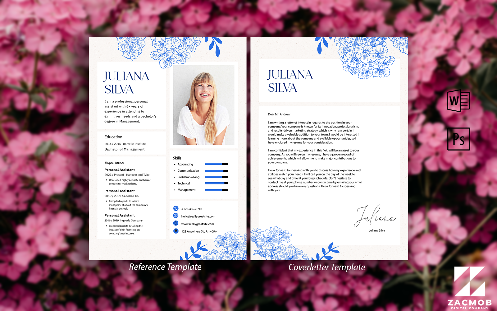 Clean & Minimal Beige Floral Personal Assistant Resume Professional Editable Cv Resume Template