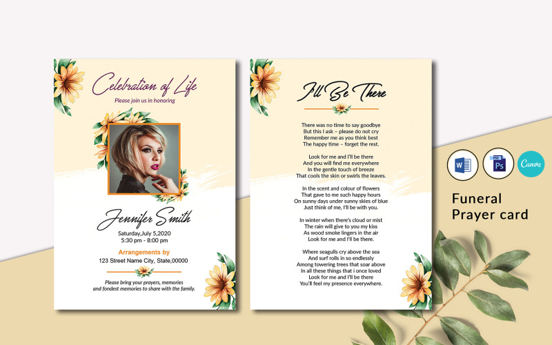 Floral Funeral Prayer Card Template. Memorial Prayer Corporate Identity