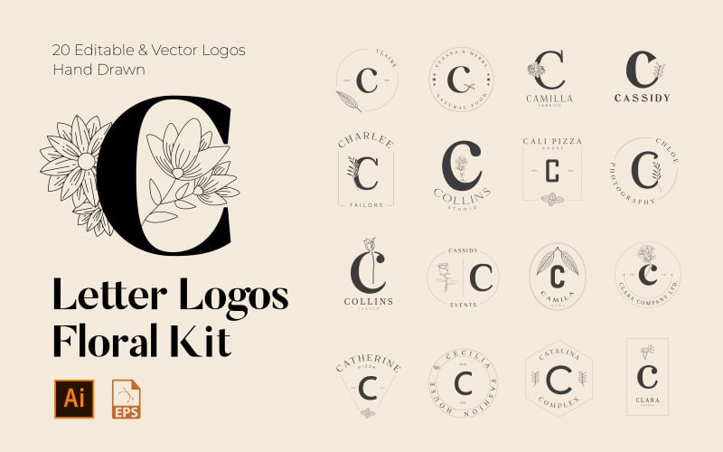 C Letter Floral Handmade Logos kit Logo Template