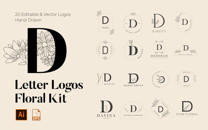 D Letter Floral Handmade Logos kit Logo Template