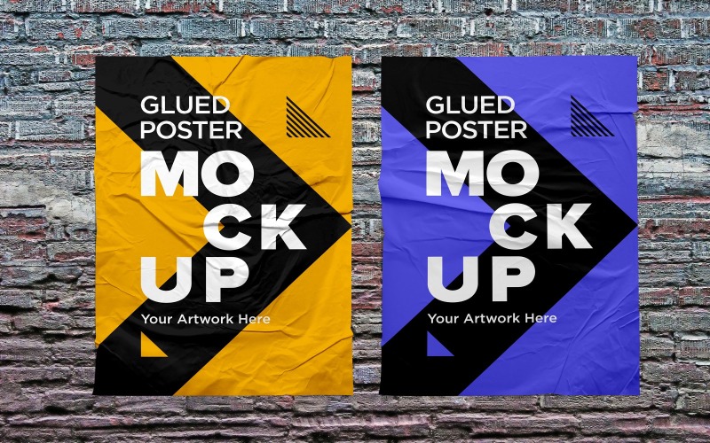 Glued Poster Mockup with Wrinkled and Crumpled Paper on red bricks wall Product Mockup