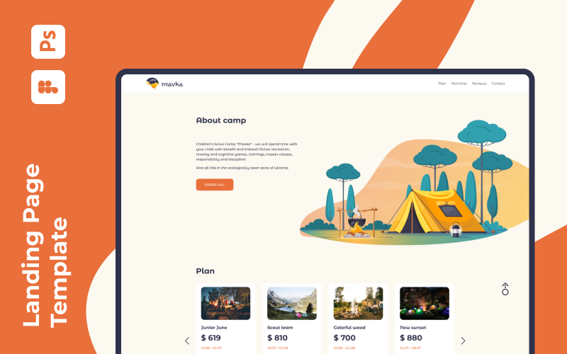 Mavka Camp — Minimal & Shiny Landing Page Template UI Element