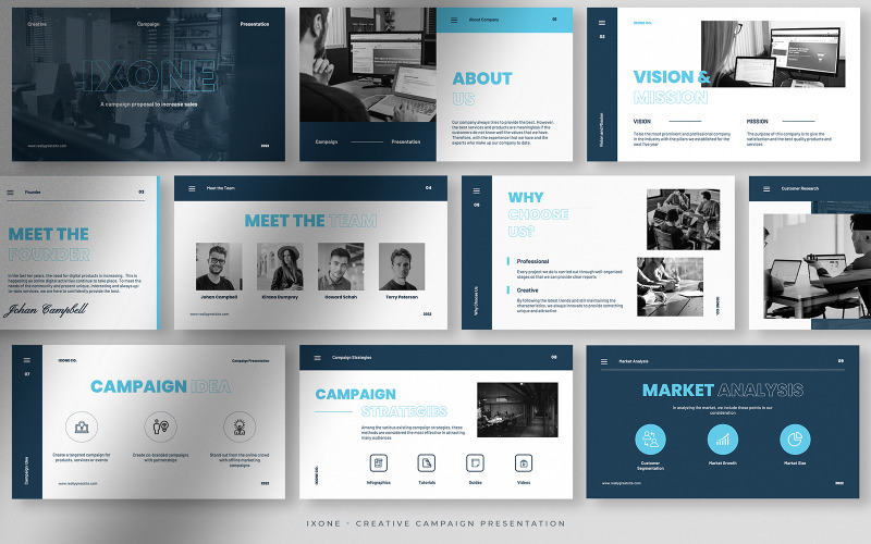 Ixone - Blue and White Minimalist Creative Campaign Presentation PowerPoint Template