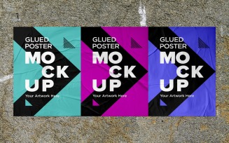 Three Glued Poster Mockup with Crumpled Paper Effect shadow overlay