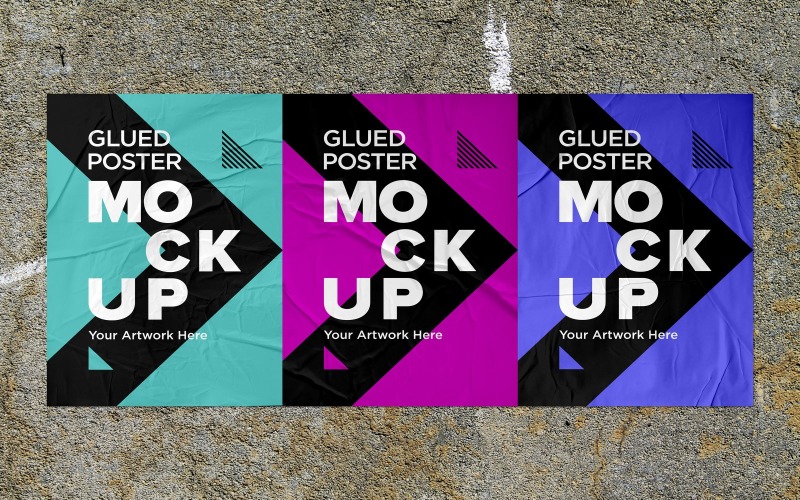 Three Glued Poster Mockup with Crumpled Paper Effect shadow overlay Product Mockup