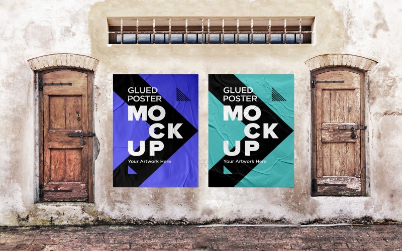 Two Poster Crumpled Paper Mockup with wooden Doors Product Mockup