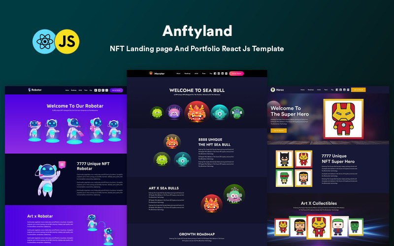 Anftyland - NFT Landing page And Portfolio React Js Template Landing Page Template