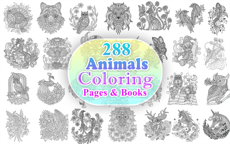 Animals Adult Coloring Book, Animals Adult Coloring Page, Animals Coloring Books Vector Graphic