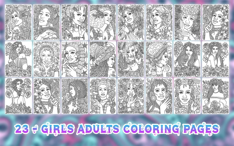 Girls Adults Coloring Page Bundle Vector Graphic