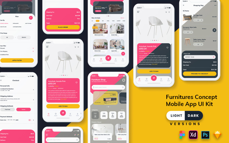 Furniture Mobile App UI Kit (Light & Dark) UI Element