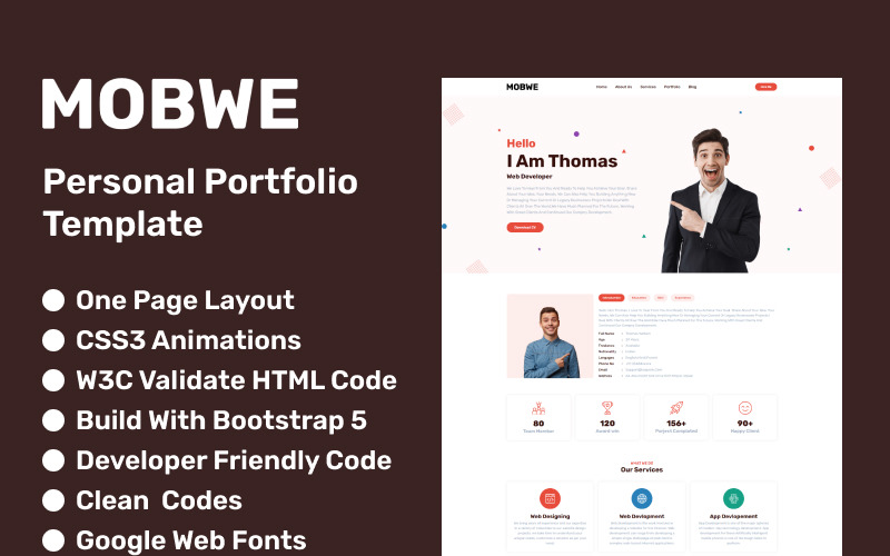 Mobwe - Personal Portfolio One Page HTML Template Landing Page Template