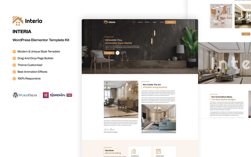 Interia – Architecture and Interior Design Services WordPress Elementor Template Kit Elementor Kit
