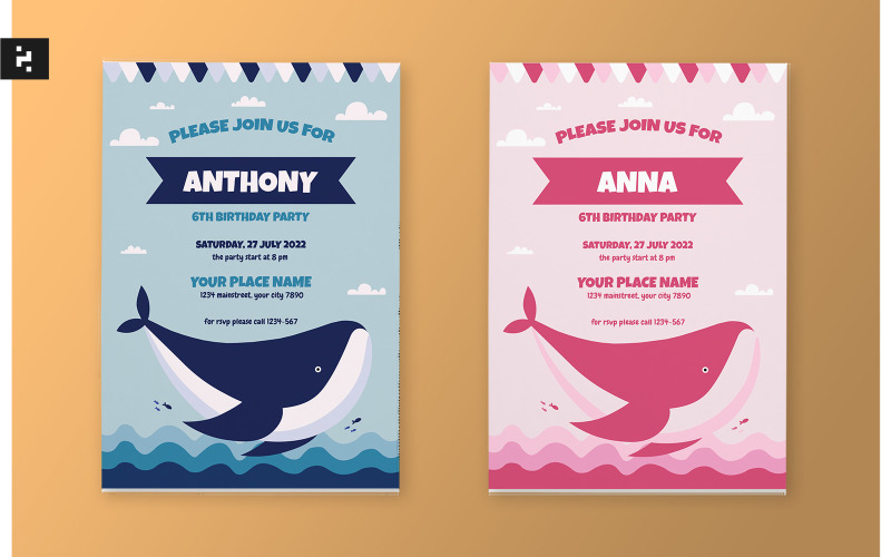 Kids Birthday Invitation Template - Whale Sea Theme Corporate Identity