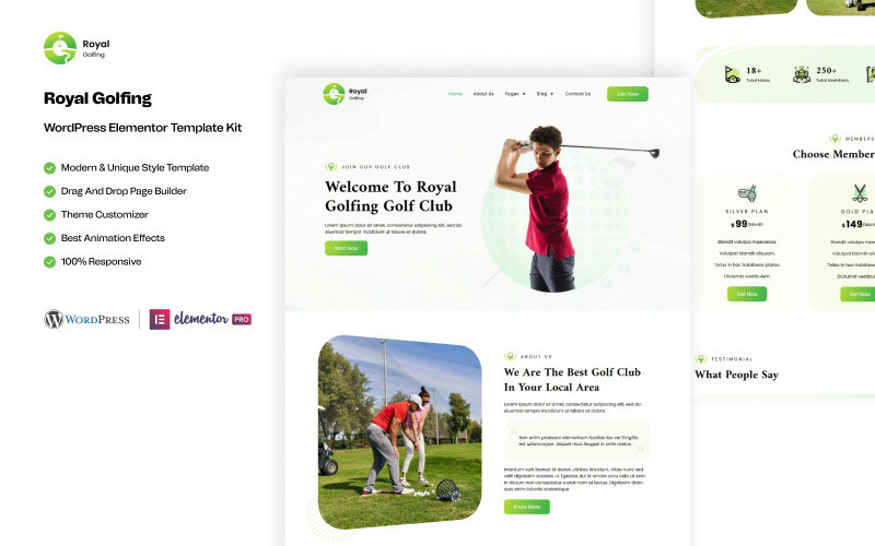 Royal Golfing – Golf Club Ready to Use WordPress Elementor Template Kit Elementor Kit