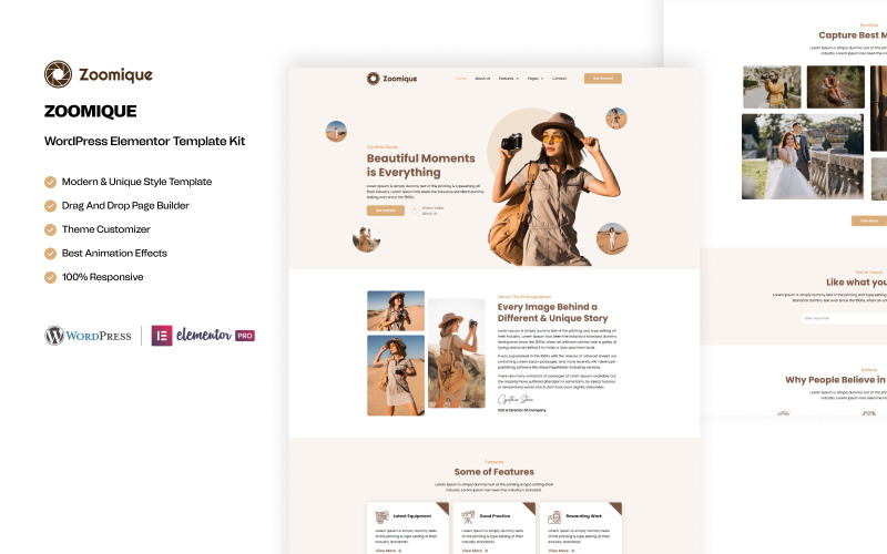 Zoomique – Photography and Video Recording Services WordPress Elementor Template Kit Elementor Kit