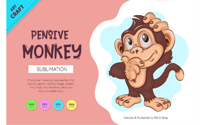 Pensive Cartoon Monkey. Crafting, Sublimation. Vector Vector Graphic