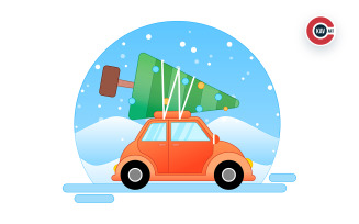Christmas Vector Illustration With Christmas Tree, Car and Snow