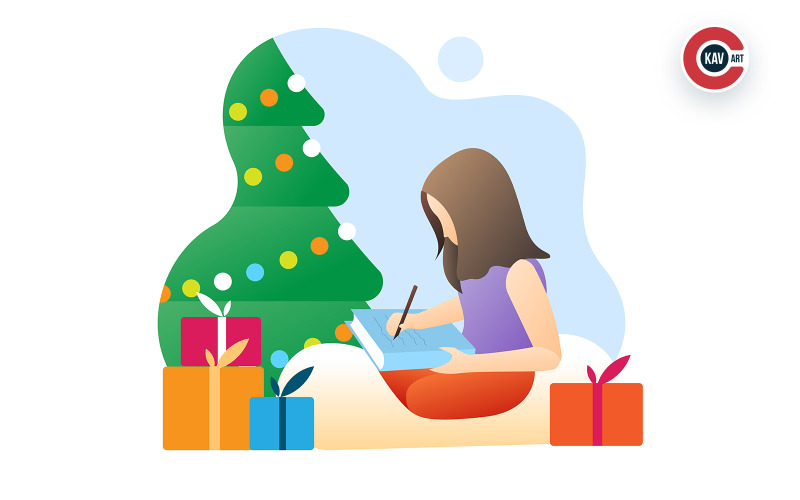 Girl Decorating Christmas Tree With Greetings & Gifts Illustration