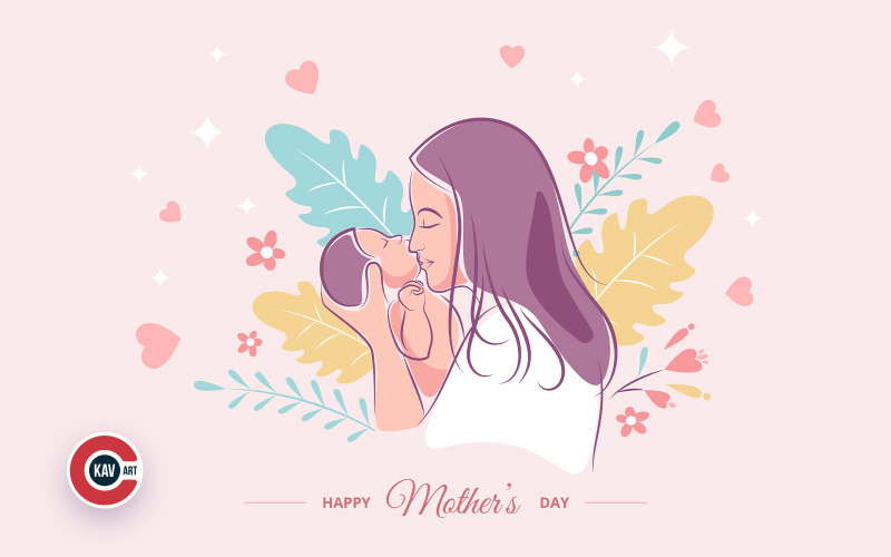 Mother Holding Baby in Arms. Happy Mothers Day Illustration