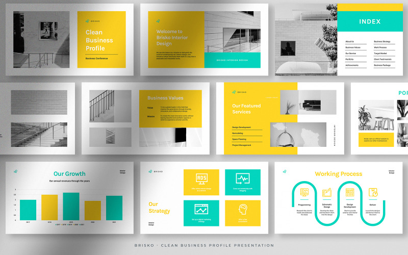 Brisko – White and Yellow Clean Business Profile Presentation PowerPoint Template